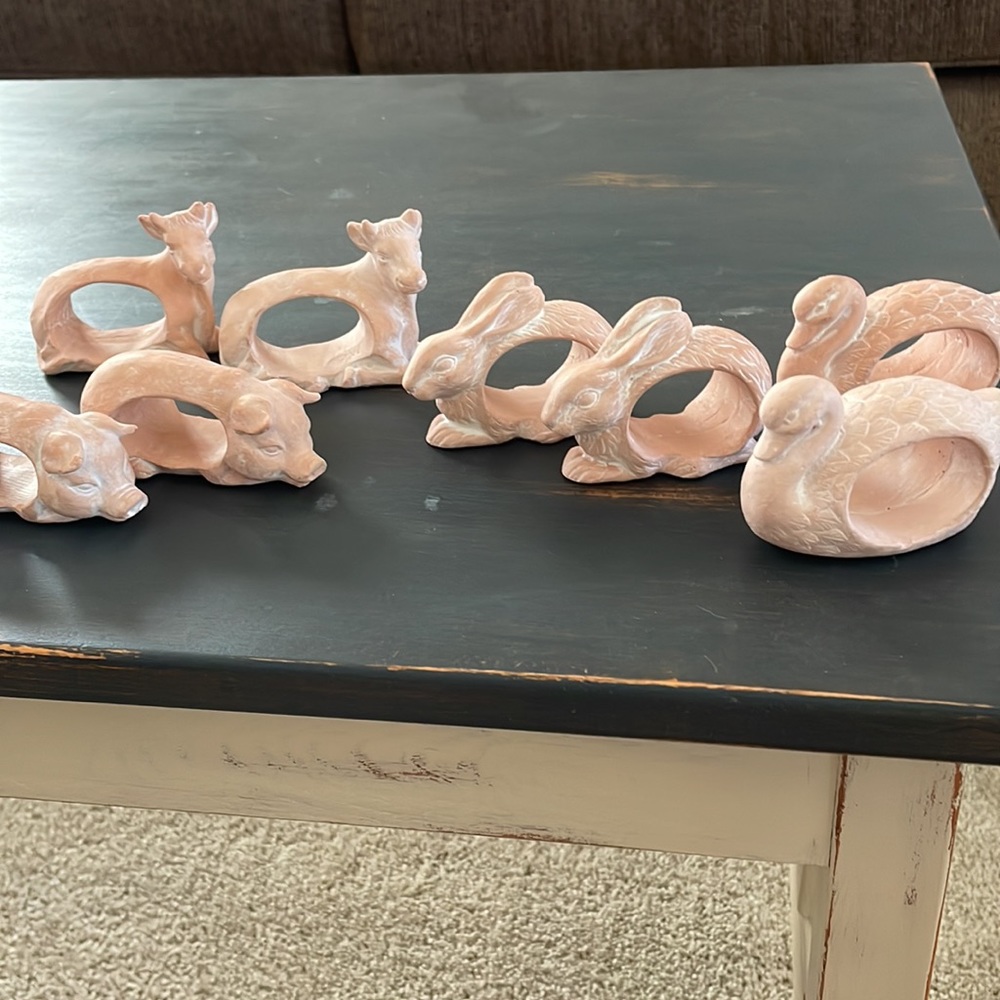 Terra-cotta clay animal napkin rings, set of eight